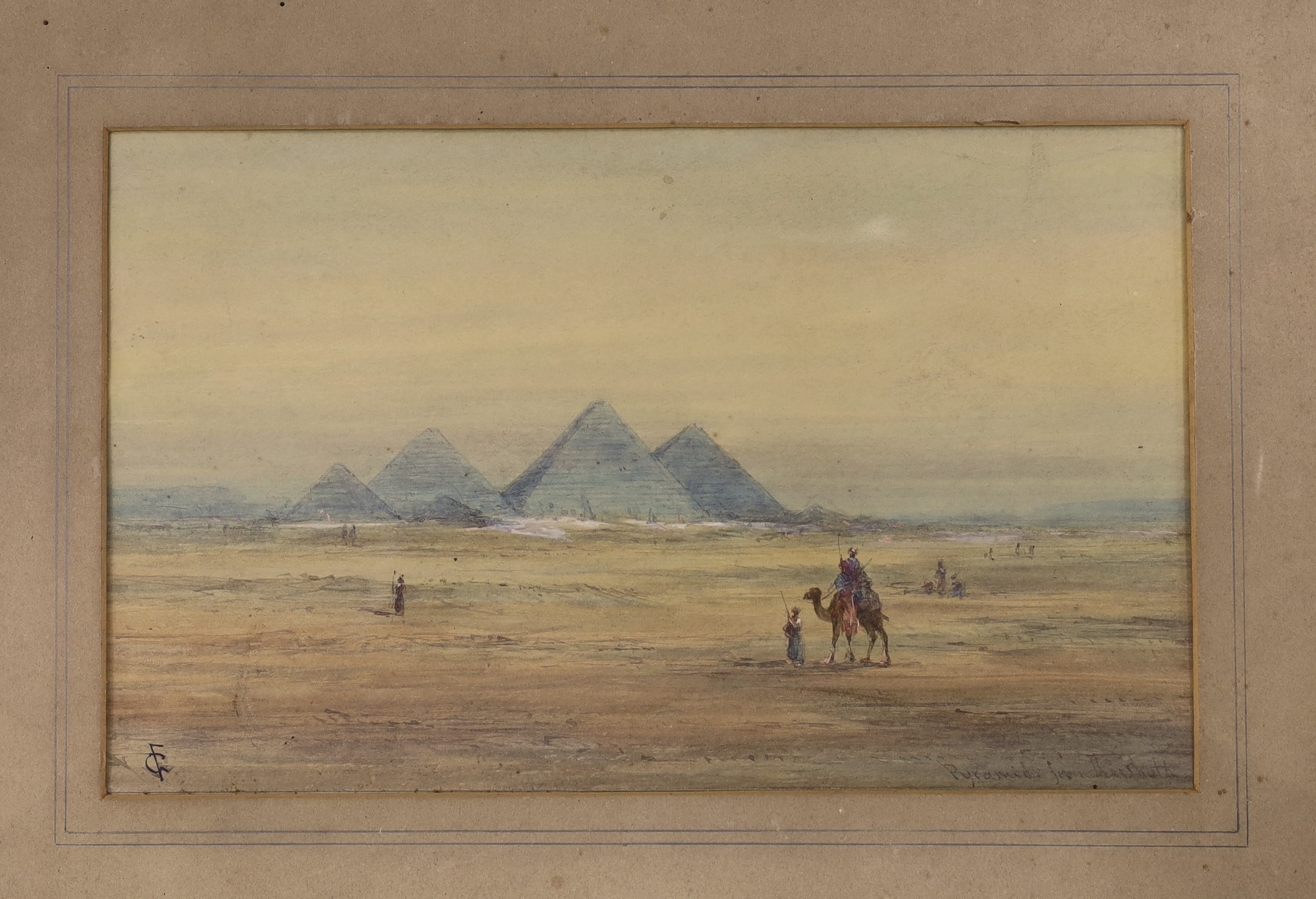 Manner of Frederick Goodall (1822-1904), two watercolours, Views of The Pyramids and The Sphinx, monogrammed, 18 x 29cm